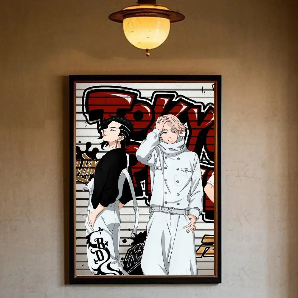 A framed tokyo revengers canvas print featuring manjiro sano in stylized streetwear with a red and black graffiti backdrop wall art