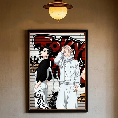 A framed tokyo revengers canvas print featuring manjiro sano in stylized streetwear with a red and black graffiti backdrop wall art
