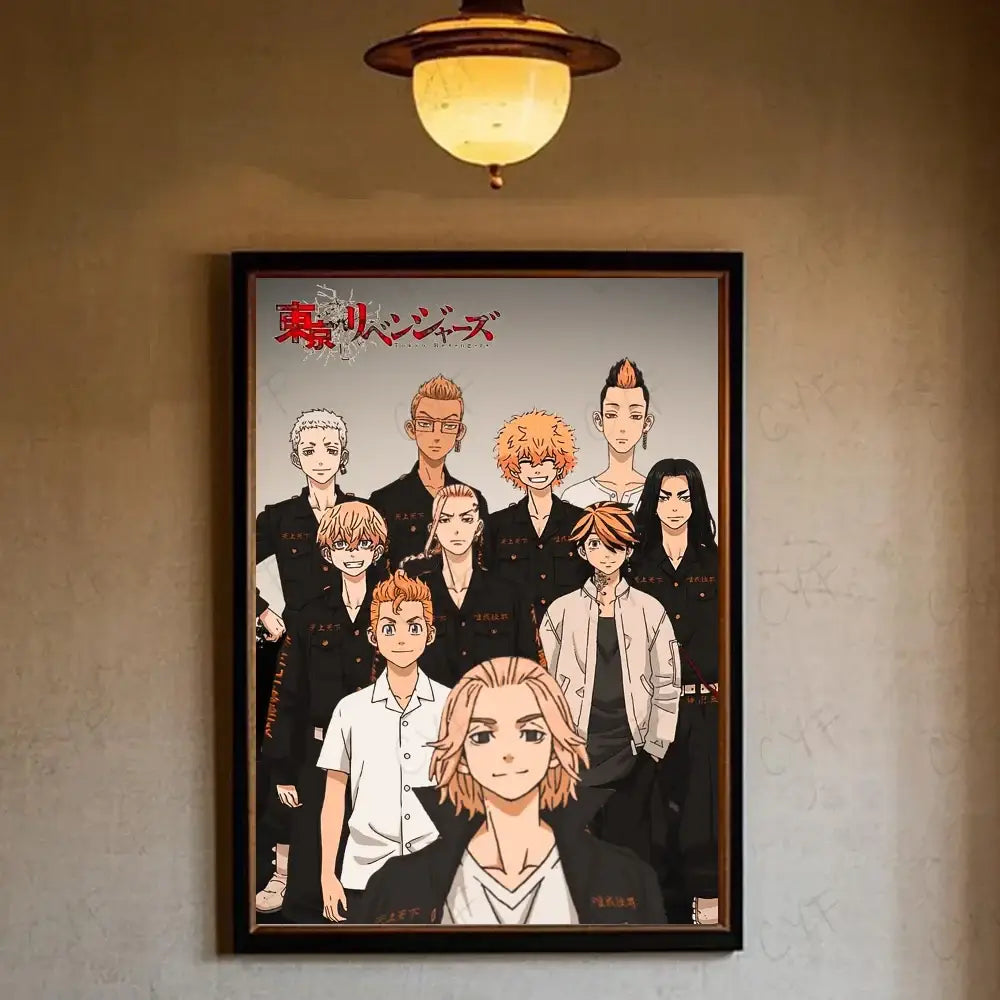 Black-framed tokyo revengers canvas print featuring manjiro sano in black uniforms wall art with warm lighting