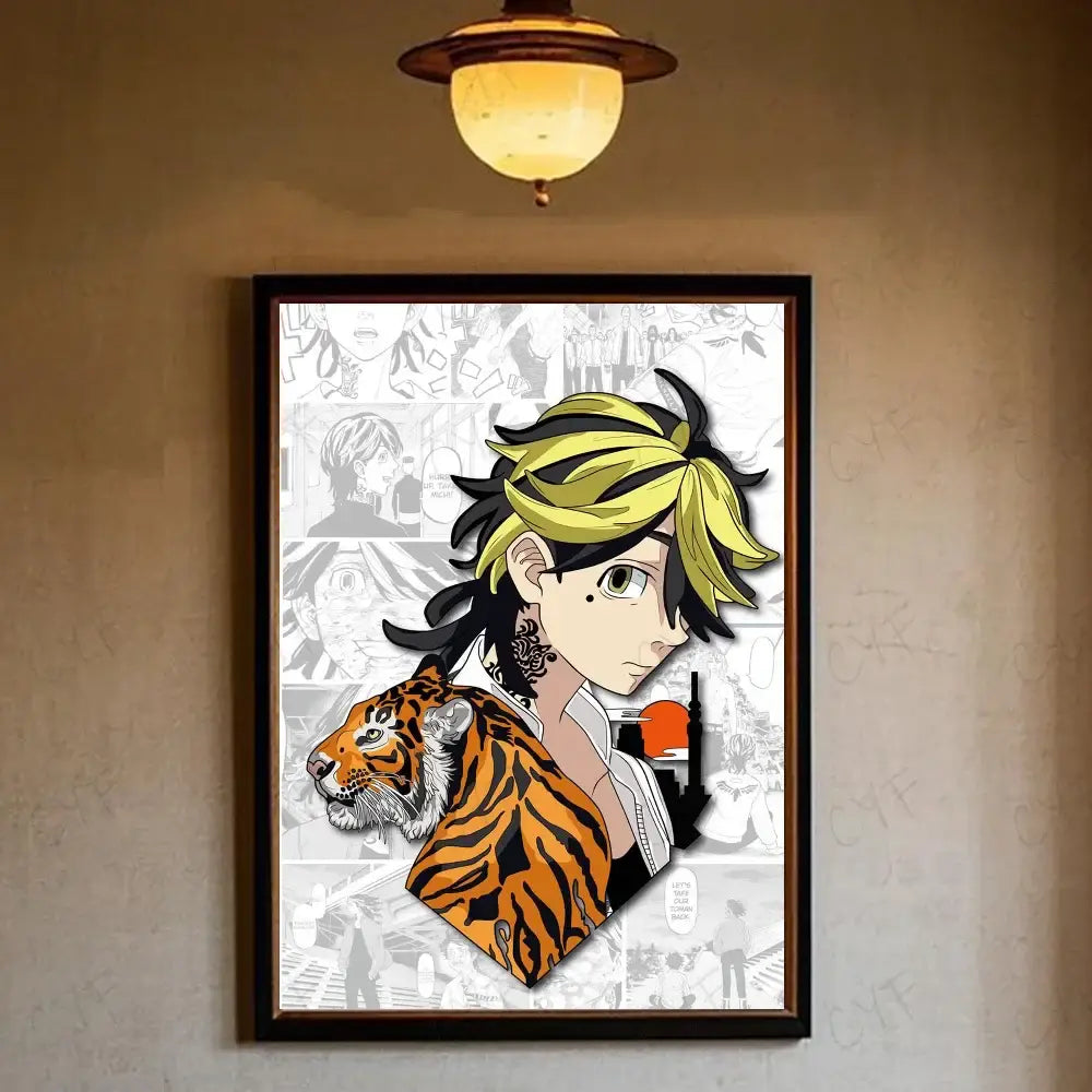 Black-framed tokyo revengers canvas print wall art featuring manjiro sano with yellow and black hair and an orange tiger