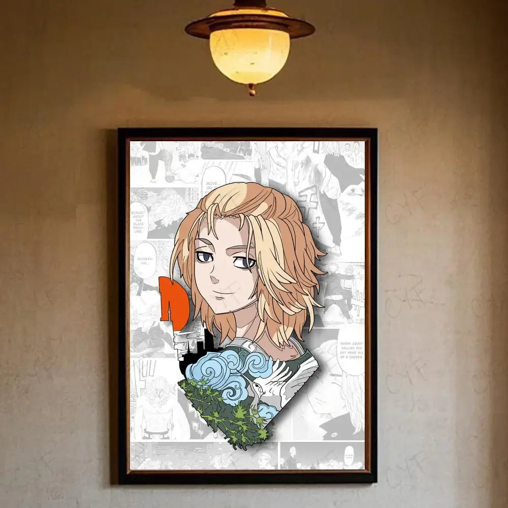 Tokyo Revengers manjiro sano canvas print featuring blonde hair character with blue green designs wall art decor
