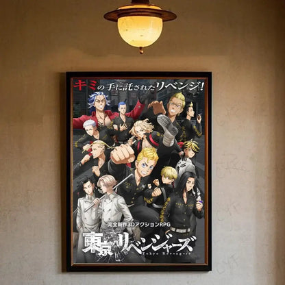 Framed tokyo revengers manjiro sano canvas print wall art featuring characters in black and red uniforms under warm light