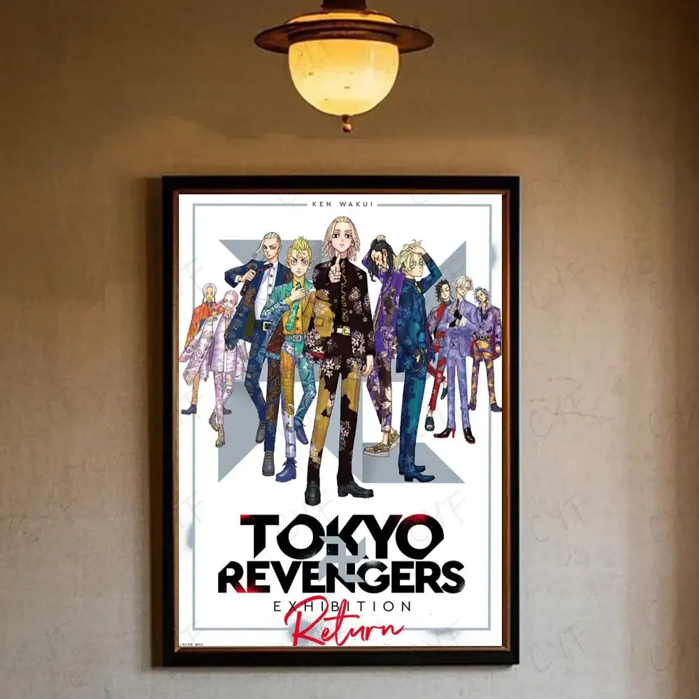 A tokyo revengers manjiro sano canvas print wall art featuring colorful anime characters in a black frame