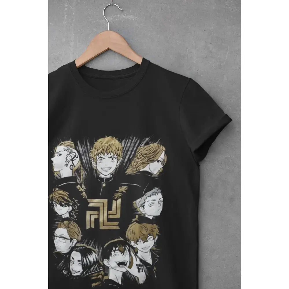 Black cotton Tokyo Revengers Manjiro Sano t-shirt with gold and white anime character graphic print