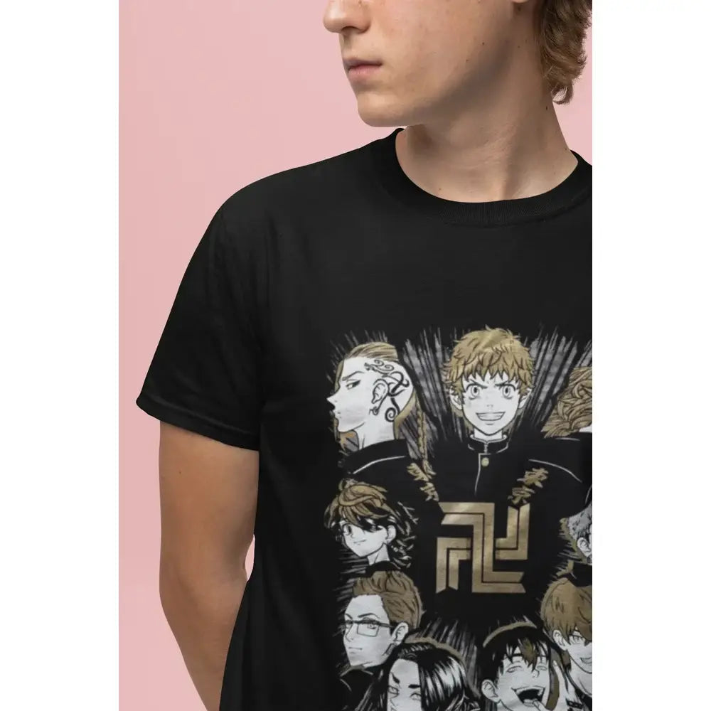 Black cotton short-sleeved Tokyo Revengers Manjiro Sano t-shirt with detailed black and gold anime graphic print