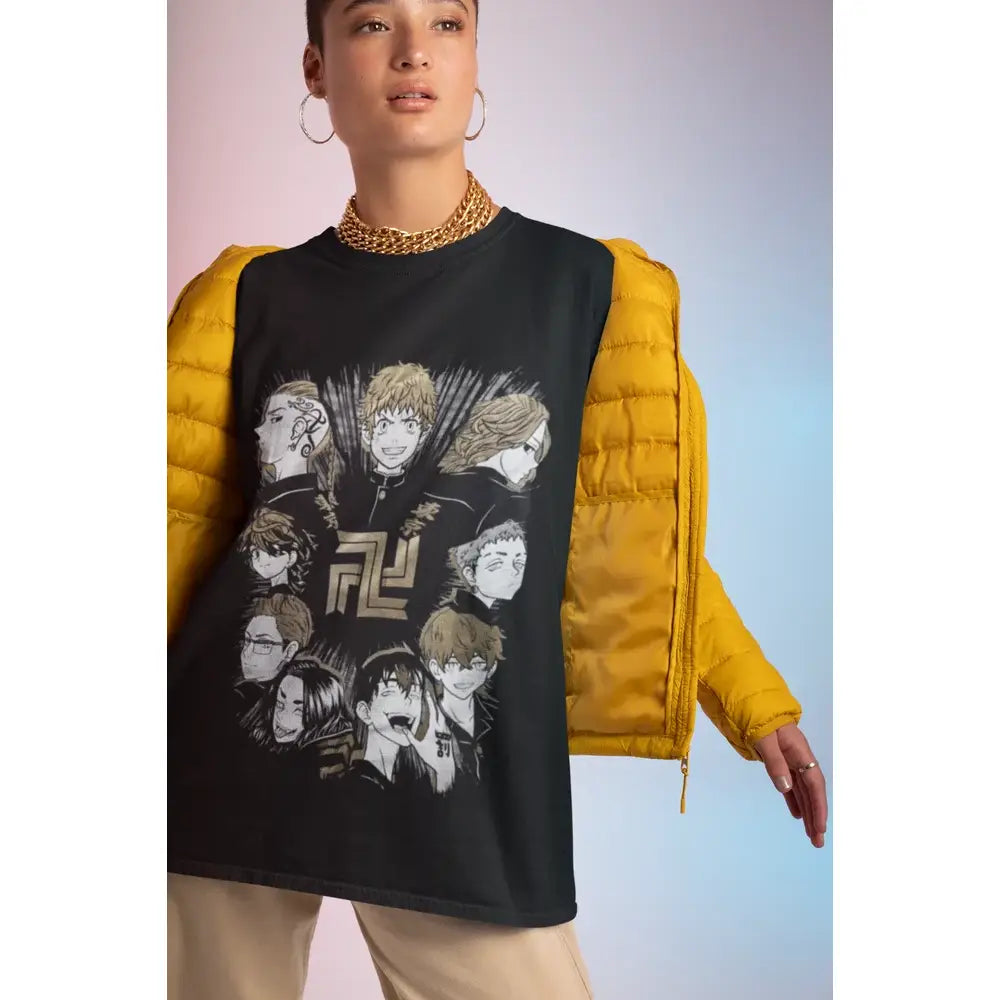 Black sleeveless cotton Tokyo Revengers manjiro sano t-shirt featuring detailed black and white anime illustration