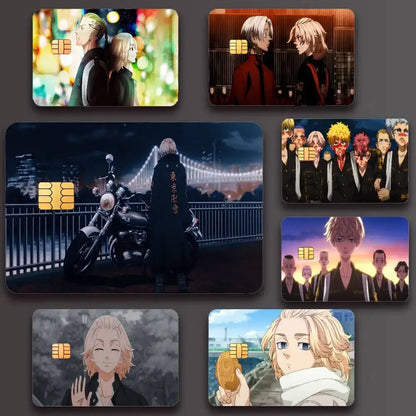 Set of seven glossy rectangular tokyo revengers mikey credit card holders with gold chip featuring anime characters