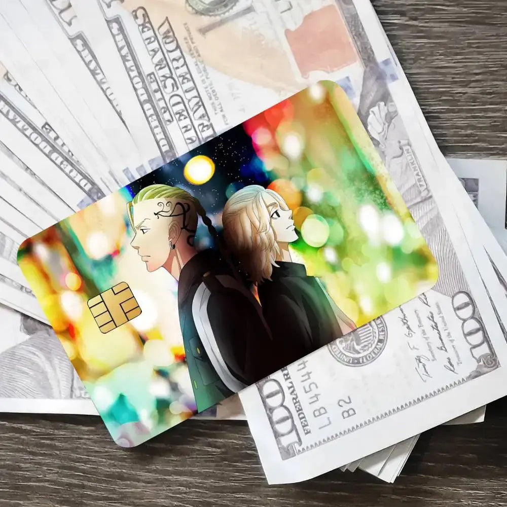 A vibrant tokyo revengers mikey card sticker set featuring anime characters on a colorful bokeh background waterproof