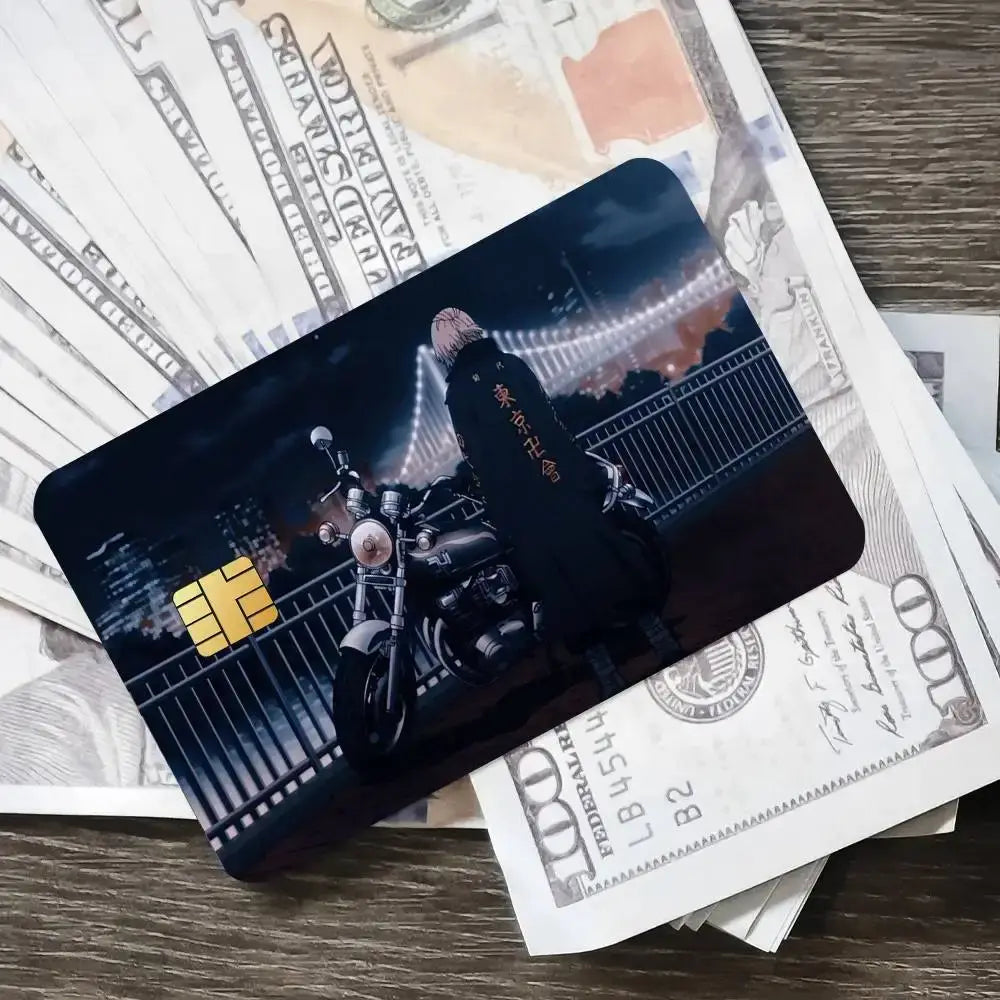 Black anime-themed tokyo revengers mikey credit card sticker with gold chip and red japanese text cityscape background