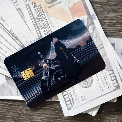 Black anime-themed tokyo revengers mikey credit card sticker with gold chip and red japanese text cityscape background