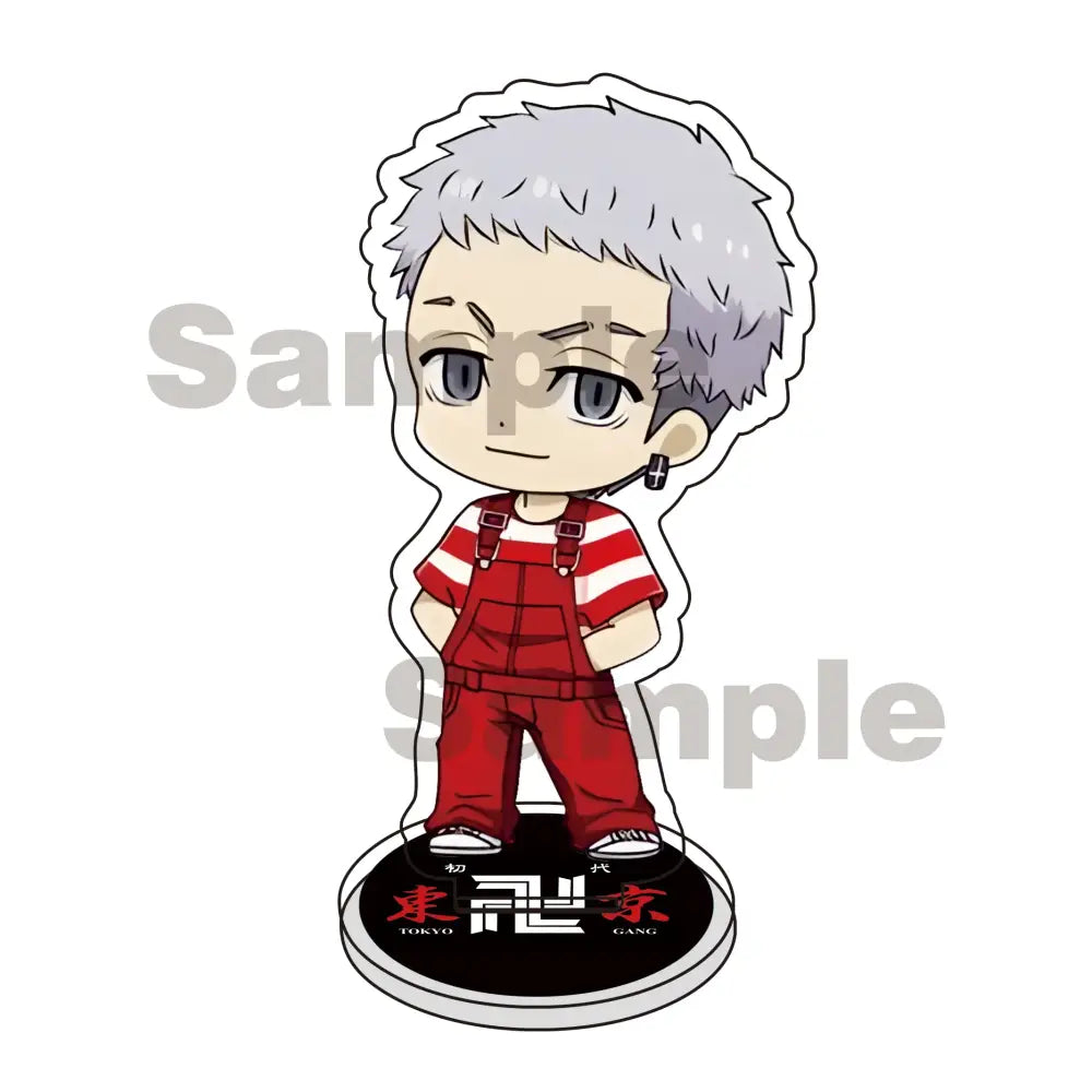 Chibi-style tokyo revengers mikey draken acrylic stand keychain with short silver hair in red overalls and striped shirt