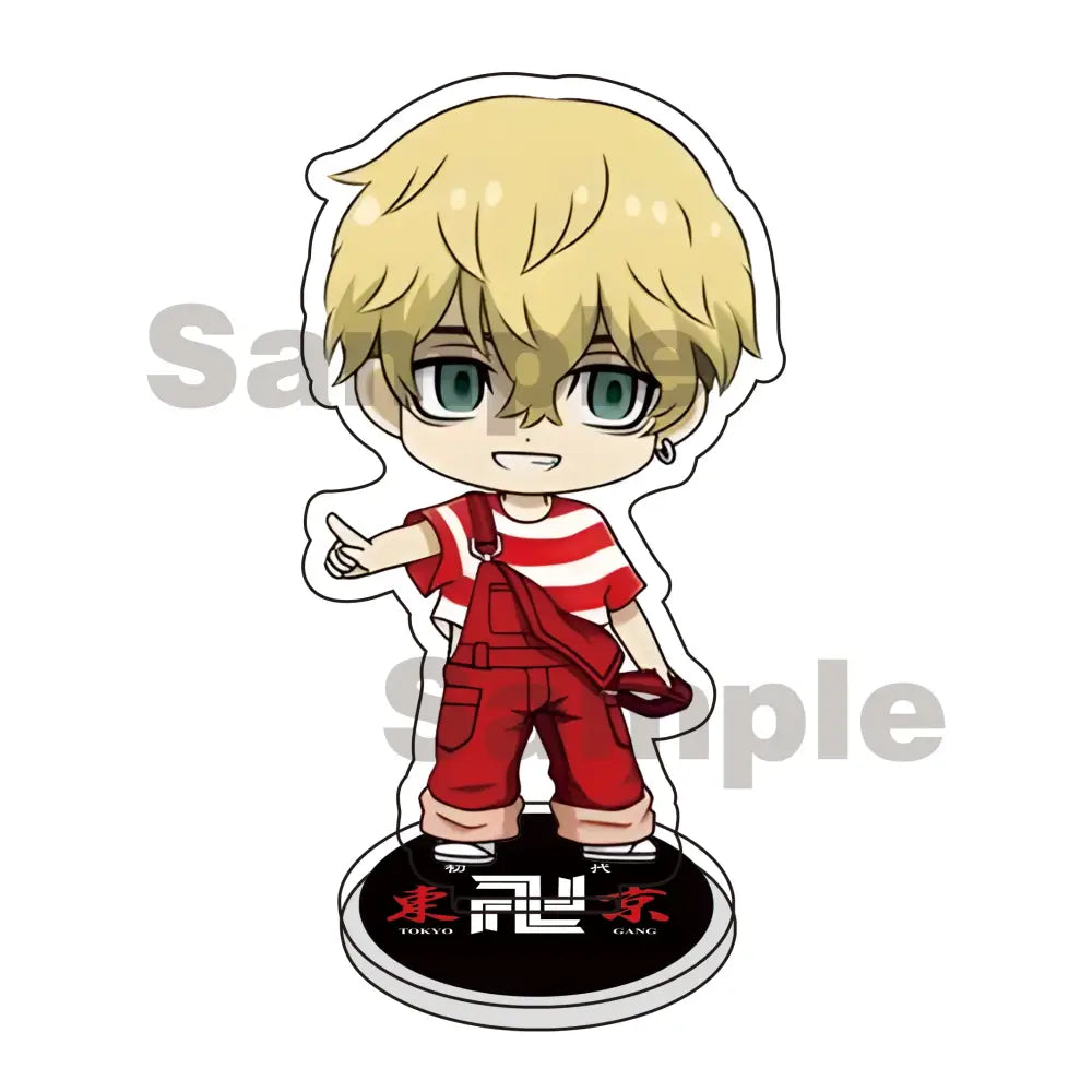 Chibi-style tokyo revengers mikey draken acrylic stand keychain featuring blonde character in red overalls and striped shirt
