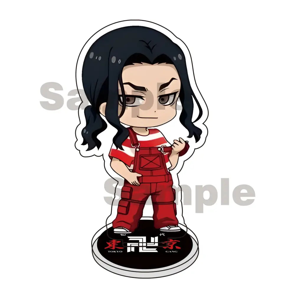 Chibi-style tokyo revengers acrylic stand featuring a character in red overalls on a tokyo gang base keychain 10cm