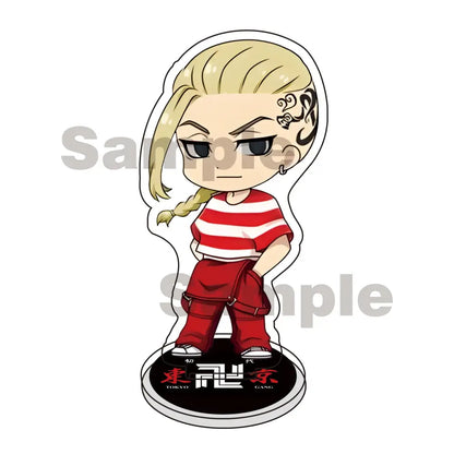 Tokyo Revengers Mikey Draken chibi acrylic stand keychain with blonde hair, black tattoos, red white striped shirt and pants