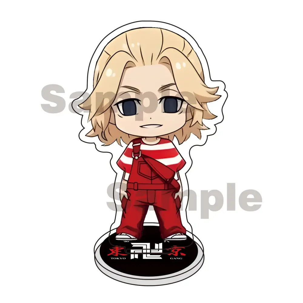 Chibi-style tokyo revengers mikey draken acrylic stand keychain with blonde hair in red overalls on tokyo gang base