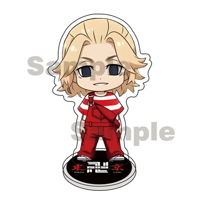 Chibi-style tokyo revengers mikey draken acrylic stand keychain with blonde hair in red overalls on tokyo gang base
