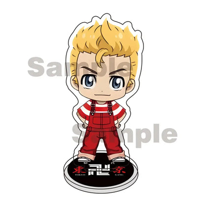 Chibi tokyo revengers mikey draken acrylic stand keychain with blonde hair red overalls white shoes on circular base