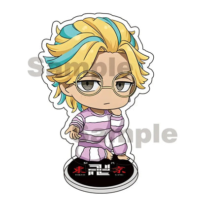 Chibi-style tokyo revengers mikey draken acrylic stand keychain featuring blonde and teal hair in purple pajamas