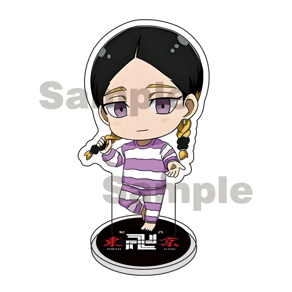Chibi style tokyo revengers mikey draken acrylic stand keychain with black braided hair and purple striped pajamas