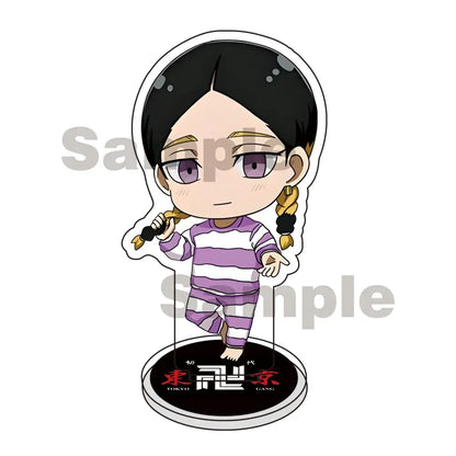 Chibi style tokyo revengers mikey draken acrylic stand keychain with black braided hair and purple striped pajamas