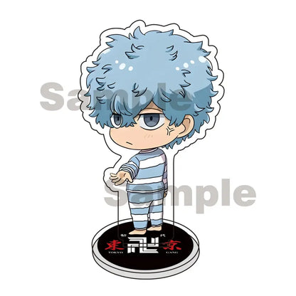 Chibi-style tokyo revengers mikey draken acrylic stand keychain with light blue hair and striped pajamas on circular base