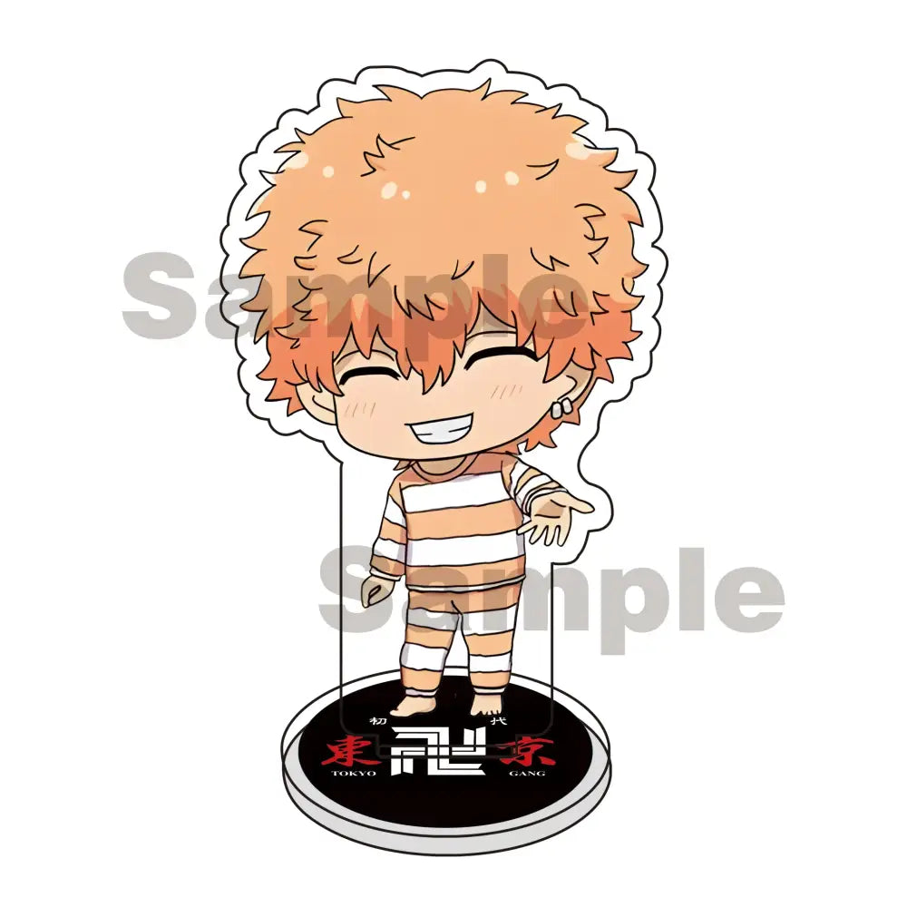 Chibi-style mikey draken tokyo revengers acrylic stand keychain with orange hair and striped brown and white pajamas on base