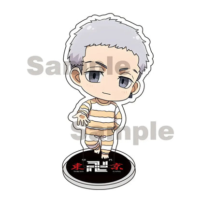 Chibi-style acrylic stand keychain of mikey draken with silver hair and blue eyes in beige striped pajamas tokyo revengers