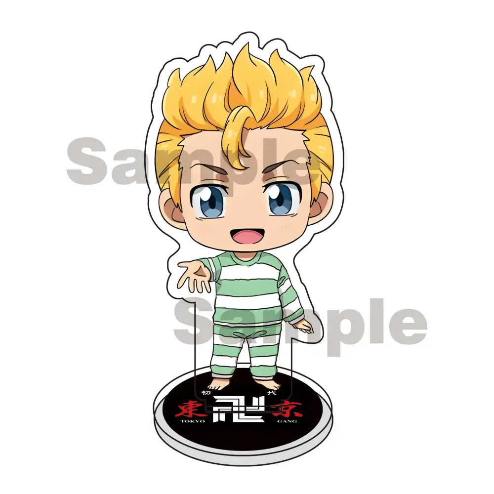 Chibi style tokyo revengers mikey draken acrylic stand keychain in green and white striped pajamas on circular base
