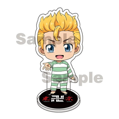 Chibi style tokyo revengers mikey draken acrylic stand keychain in green and white striped pajamas on circular base