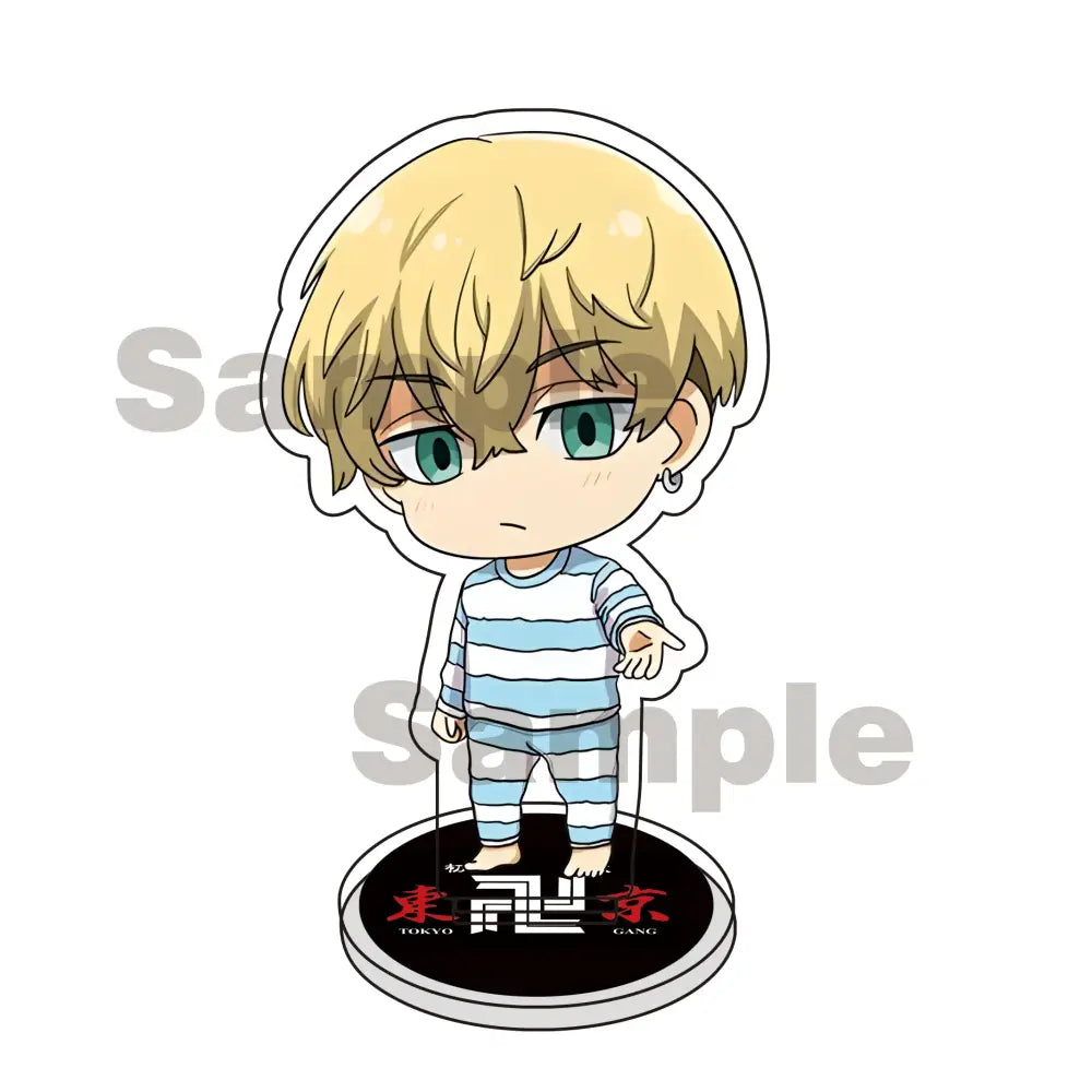 Chibi-style acrylic stand keychain of mikey draken from tokyo revengers in light blue and white striped pajamas