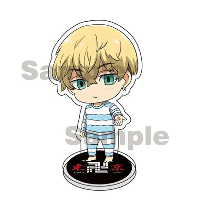 Chibi-style acrylic stand keychain of mikey draken from tokyo revengers in light blue and white striped pajamas