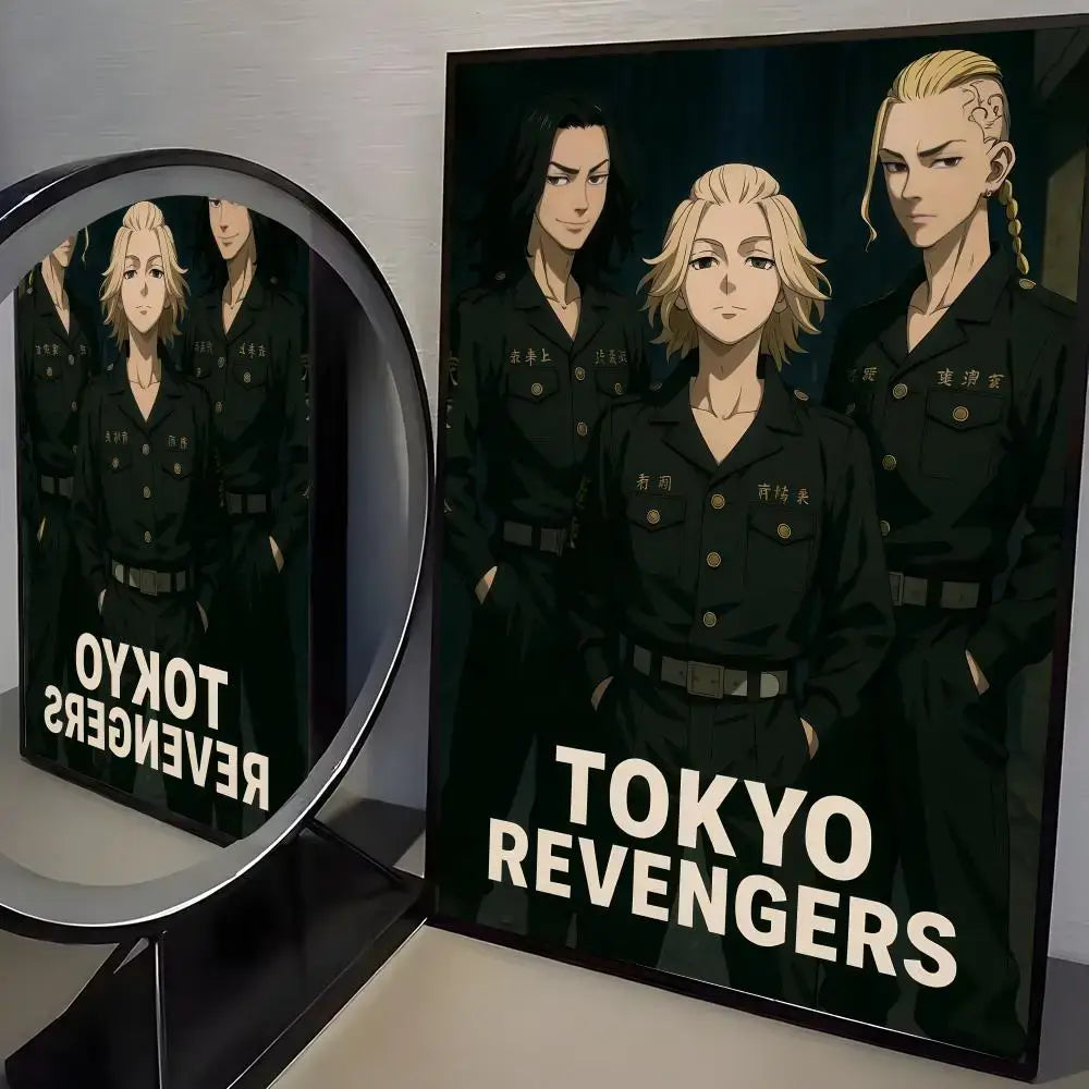 Black framed tokyo revengers mikey poster paper wall art sticker featuring three anime characters in uniform with white lettering