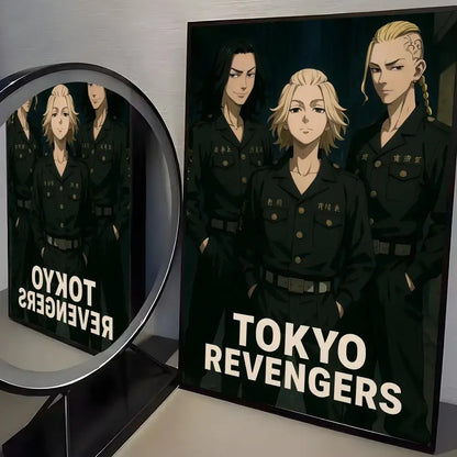 Black framed tokyo revengers mikey poster paper wall art sticker featuring three anime characters in uniform with white lettering