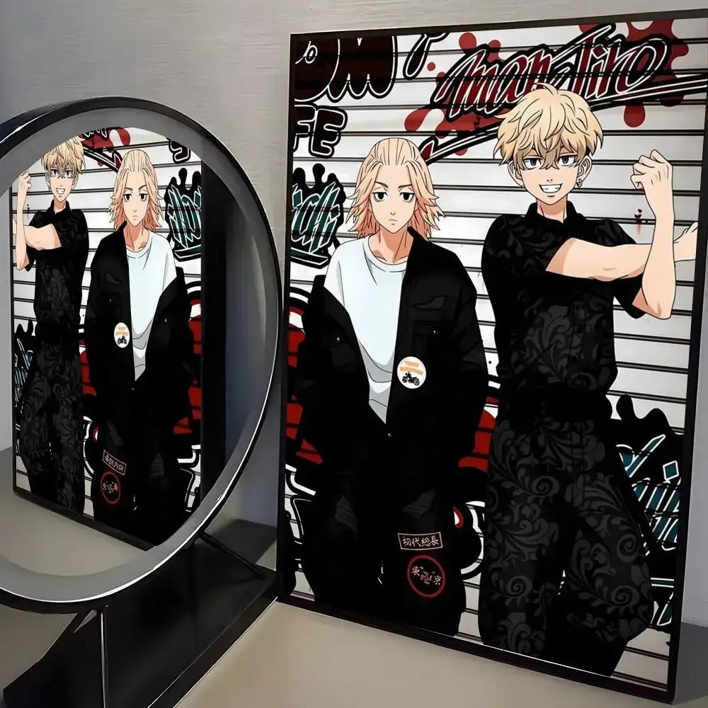 Black and white tokyo revengers mikey paper wall art sticker featuring two characters in patterned black outfits