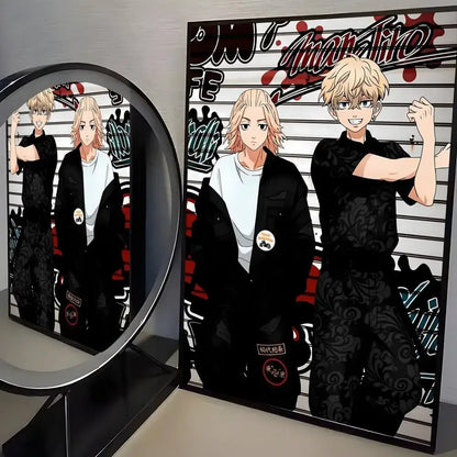 Black and white tokyo revengers mikey paper wall art sticker featuring two characters in patterned black outfits