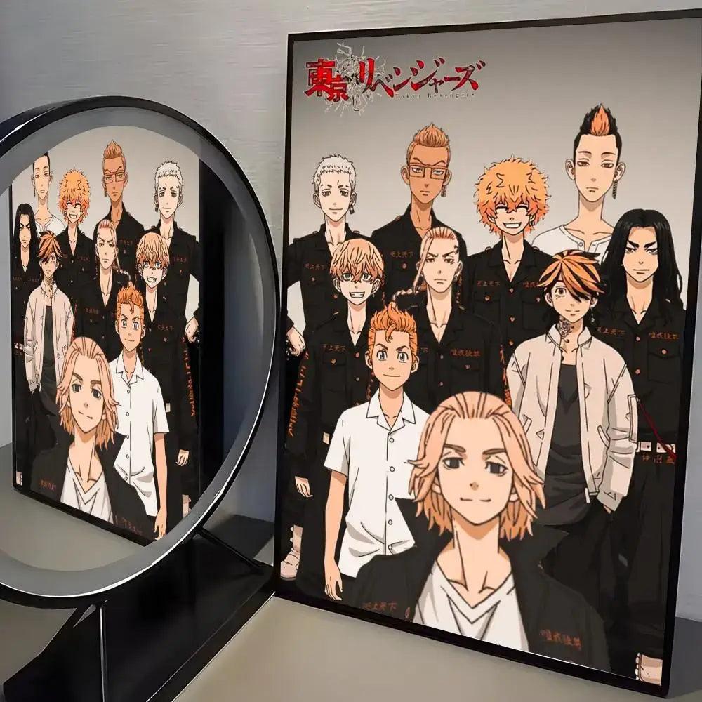 Black-framed tokyo revengers mikey paper wall art sticker featuring anime characters in black white uniforms with red accents