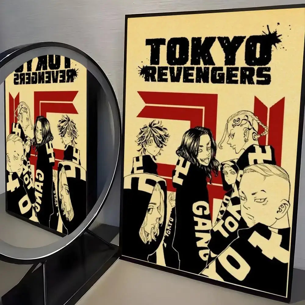 Black-framed tokyo revengers mikey poster with bold red cream anime characters on paper wall art sticker