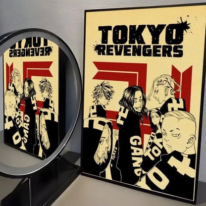 Black-framed tokyo revengers mikey poster with bold red cream anime characters on paper wall art sticker