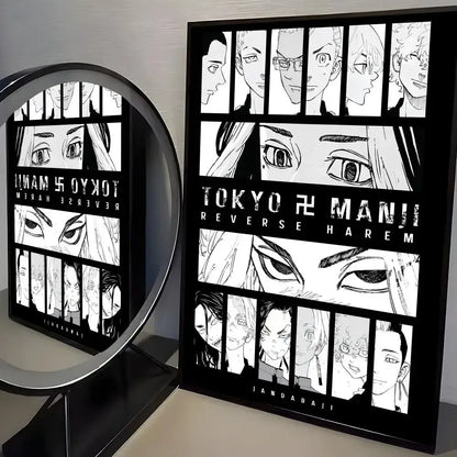 Black-framed tokyo revengers mikey poster with bold white line art on pp paper wall art sticker in grid layout