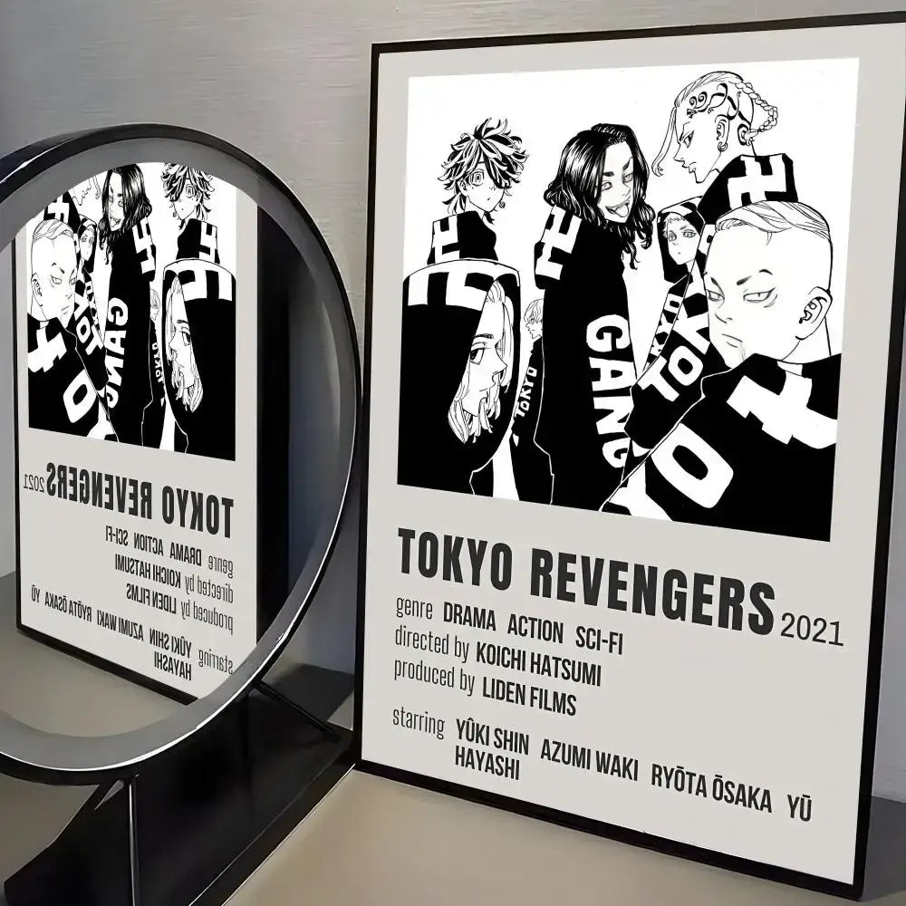 Black and white framed tokyo revengers mikey poster paper wall art sticker with bold stylized character illustrations