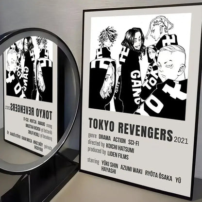 Black and white framed tokyo revengers mikey poster paper wall art sticker with bold stylized character illustrations