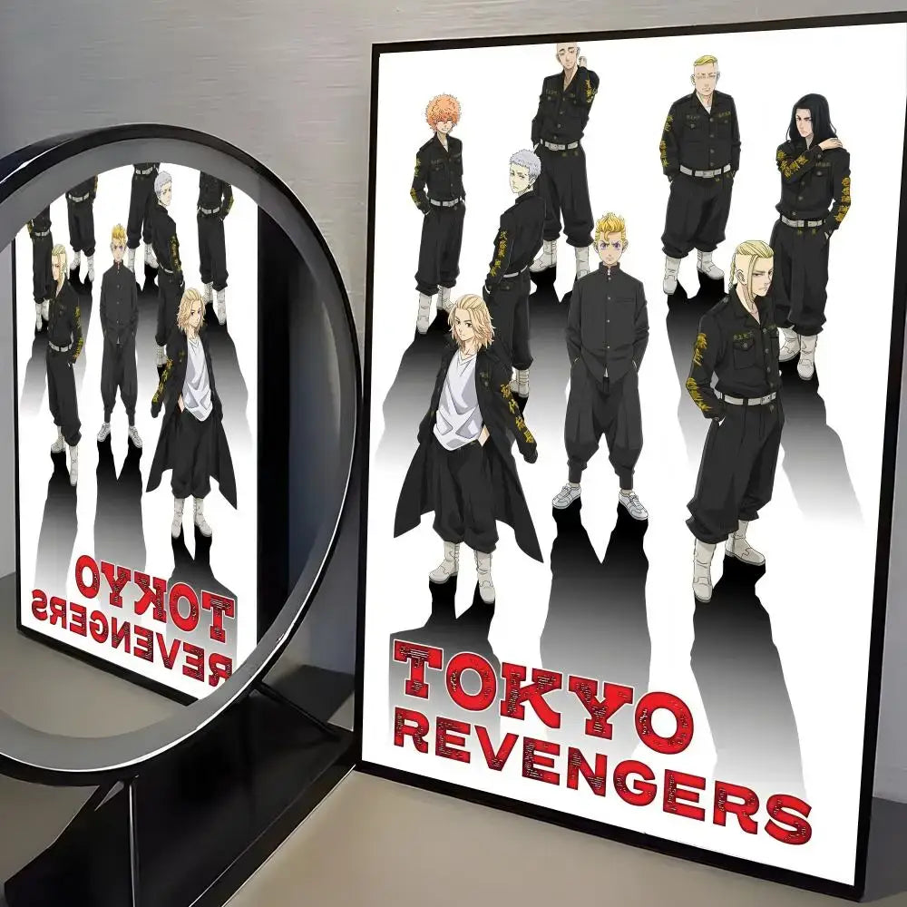 Black framed tokyo revengers mikey paper wall art sticker featuring anime characters in uniform with bold red lettering
