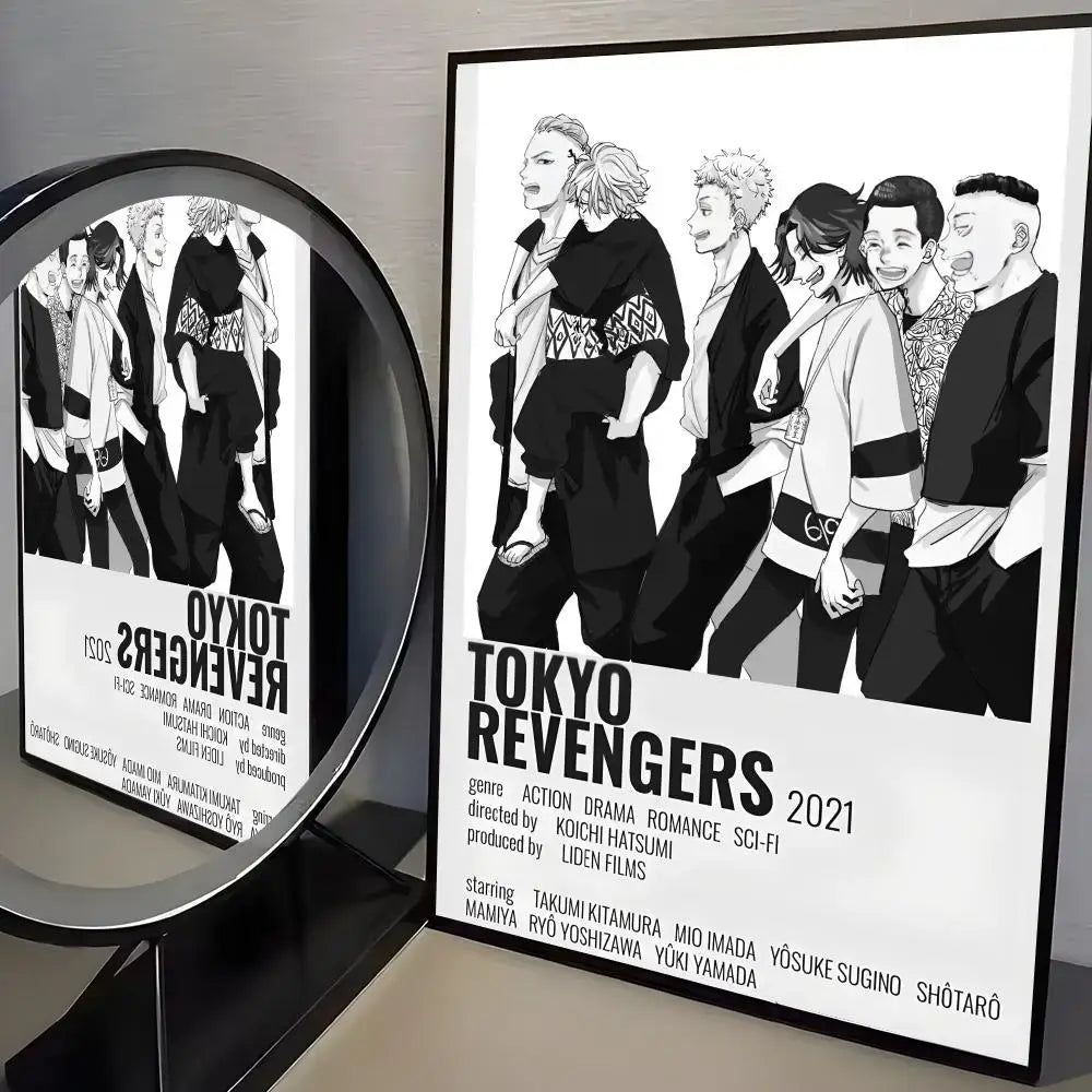 Black and white tokyo revengers mikey paper wall art sticker with stylized character illustrations on pp paper