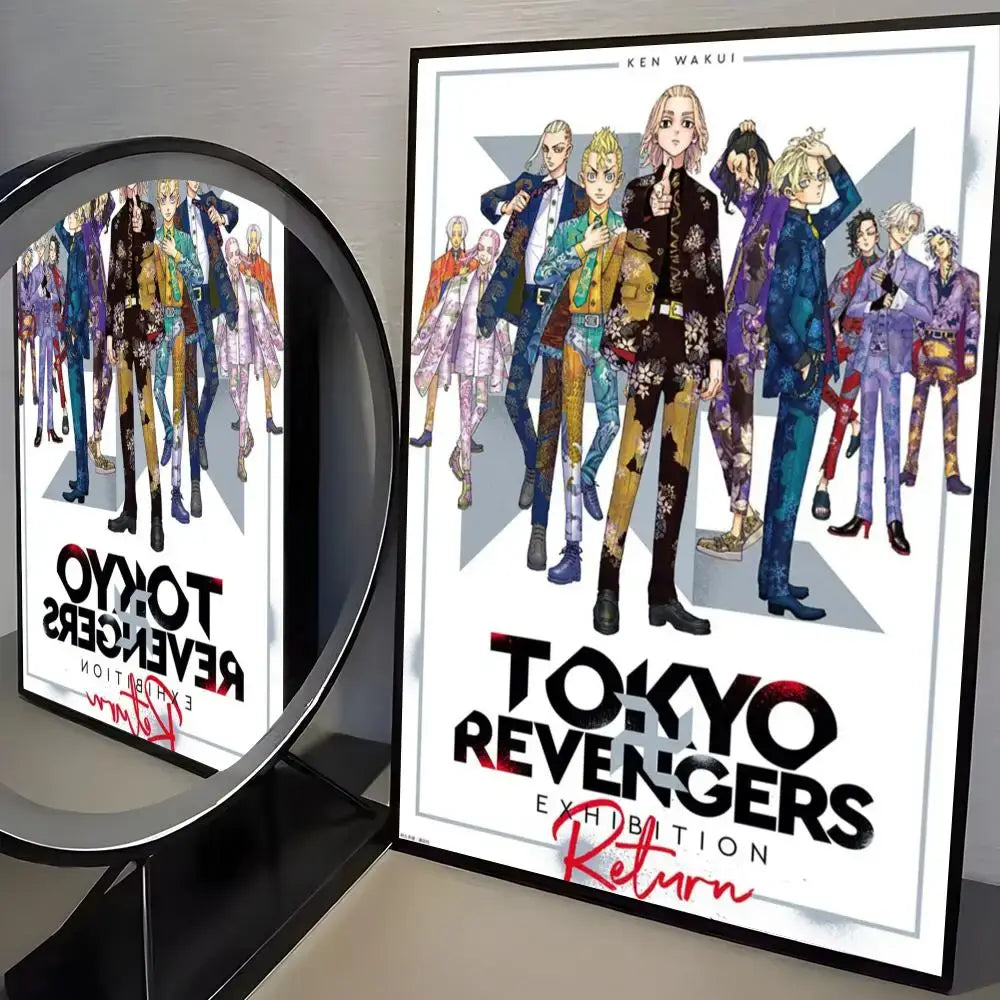 Black-framed tokyo revengers mikey poster with vibrant colorful anime characters on pp paper wall art sticker