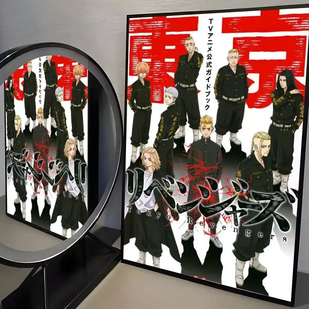 Tokyo Revengers Mikey paper wall art sticker features black and white anime guidebook poster with red Japanese characters in circular mirror frame
