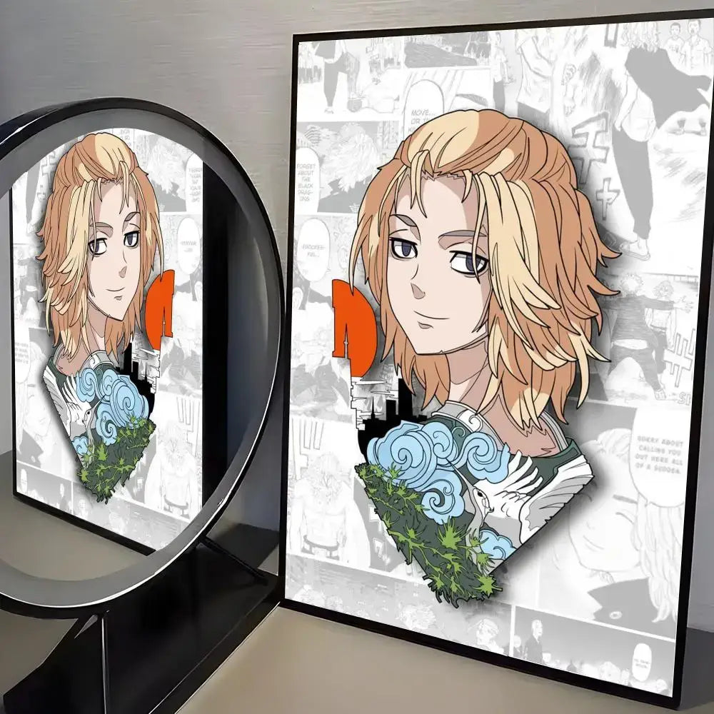 Black-framed tokyo revengers mikey portrait paper wall art sticker with blonde hair and blue green decorative elements