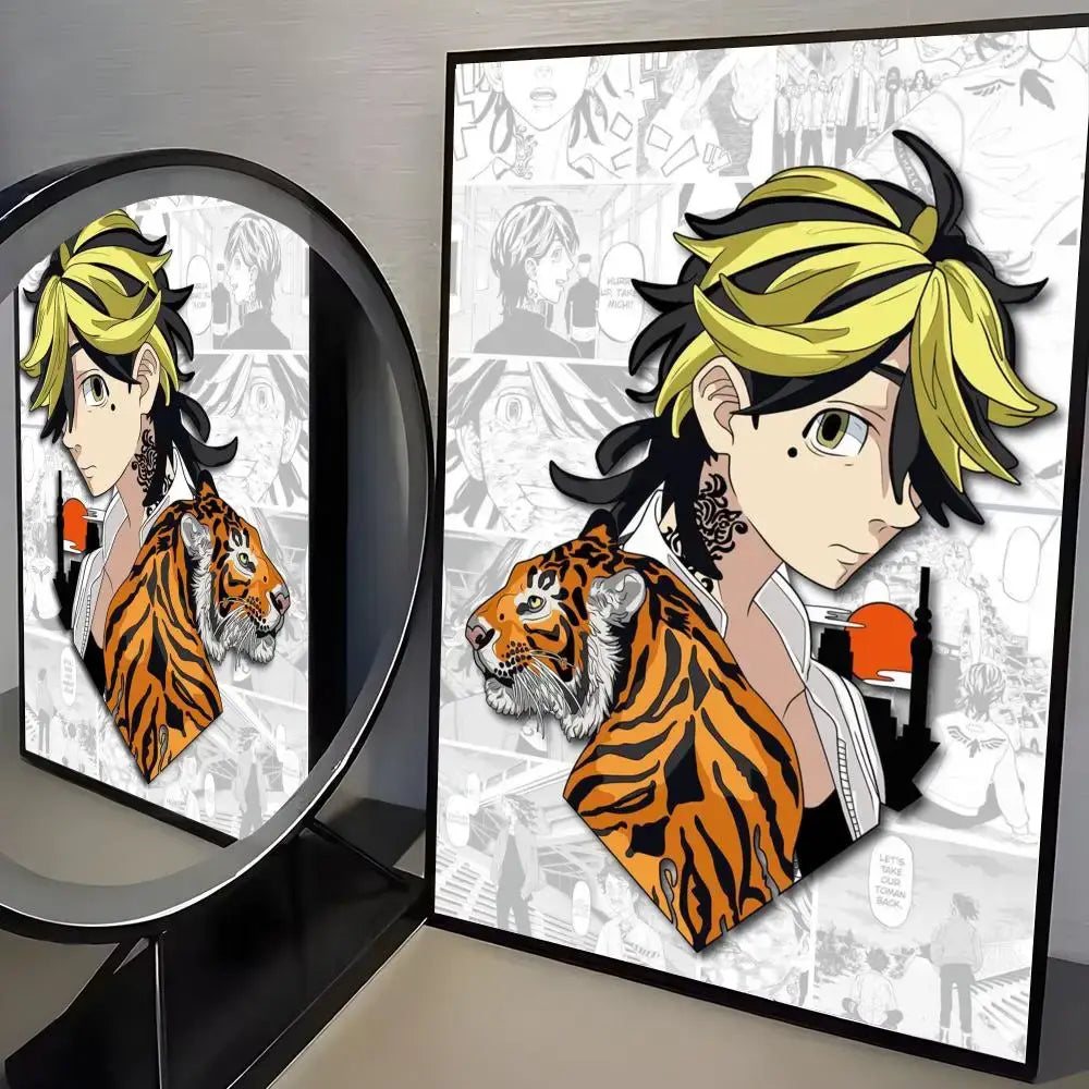 Black-framed tokyo revengers paper wall art sticker featuring mikey with yellow and black hair and an orange tiger
