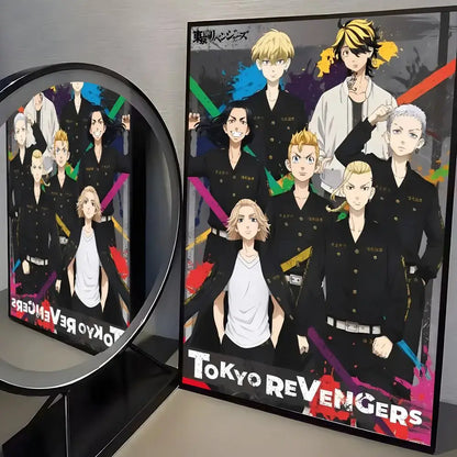 Black framed tokyo revengers mikey poster paper wall art sticker with colorful splashes and main characters in uniforms