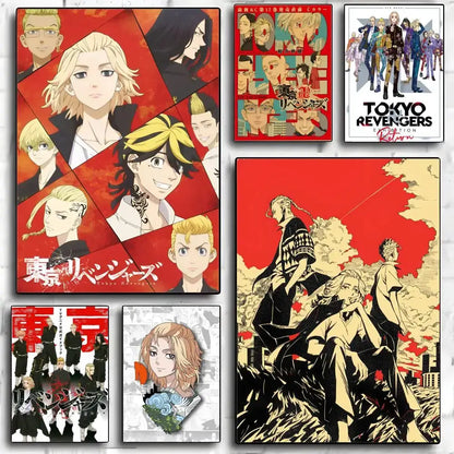 Red and black tokyo revengers mikey poster paper wall art sticker with bold stylized anime characters on pp paper