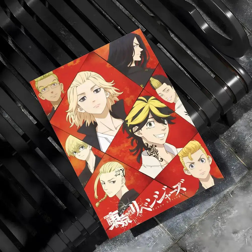 Red and black tokyo revengers mikey poster paper wall art sticker featuring anime characters on pp paper